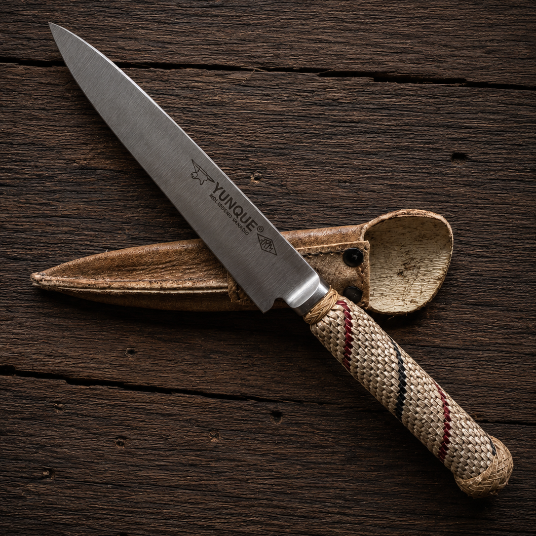 Handcrafted 14cm Molybdenum Vanadium Knife - Rawhide braided Handle