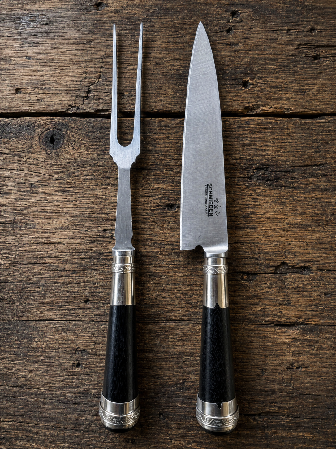 Handcrafted BBQ Set - 18cm Stainless Steel Knife - Old fustic wood & Alpaca Handle