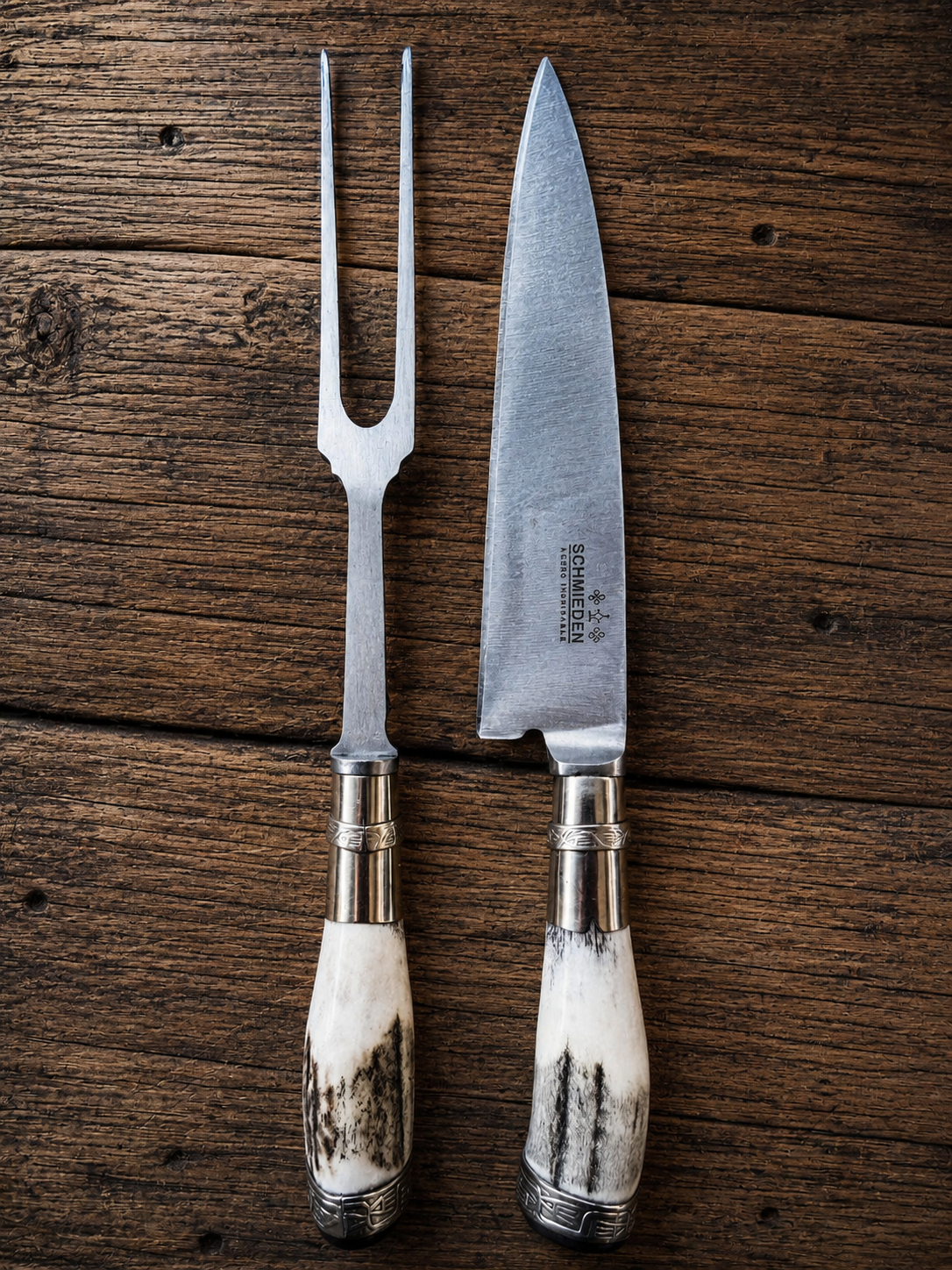 Handcrafted BBQ Set - 18cm Stainless Steel Knife - Natural deer Antler & Alpaca Handle