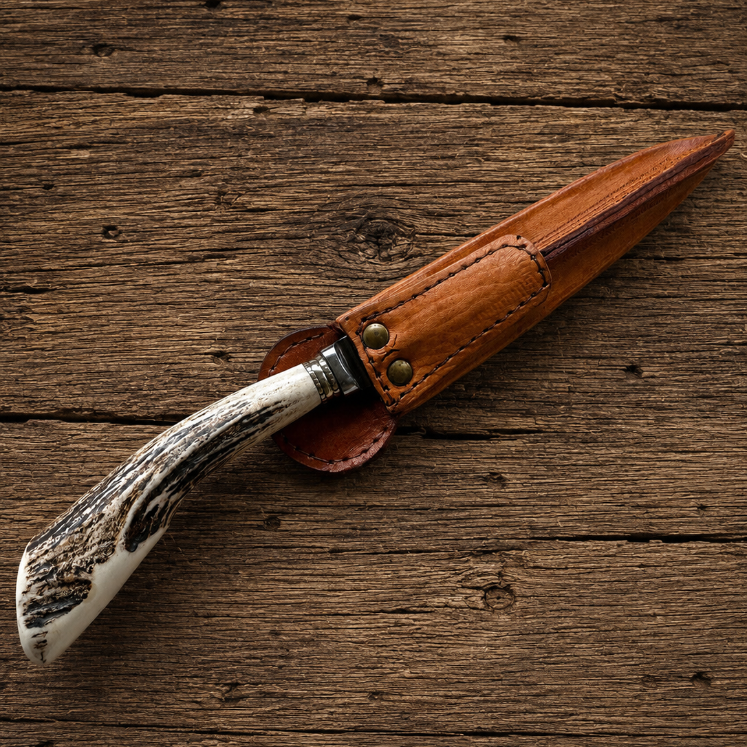 Handcrafted 14cm Molybdenum Vanadium Knife - Natural deer antler Handle