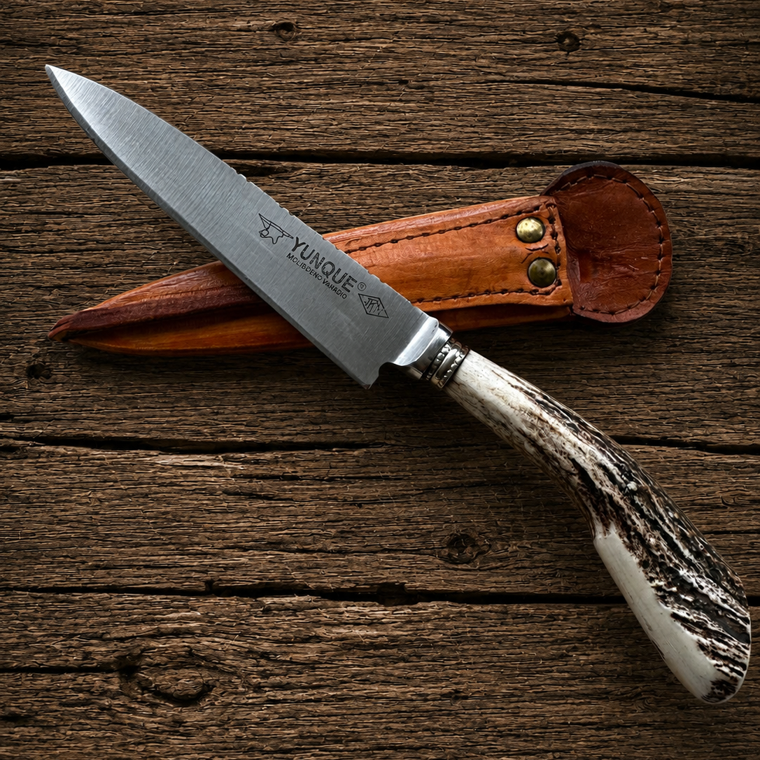 Handcrafted 14cm Molybdenum Vanadium Knife - Natural deer antler Handle