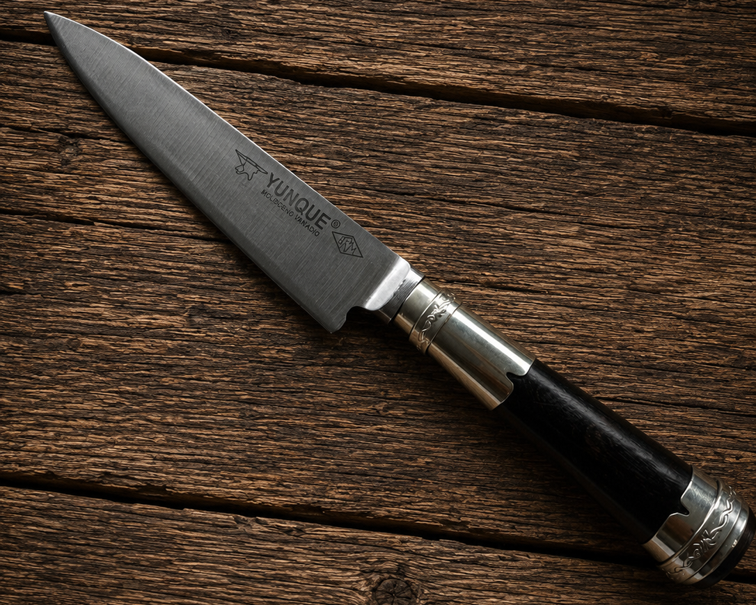 Handcrafted 14cm Molybdenum Vanadium Knife - Old fustic wood & Alpaca Handle