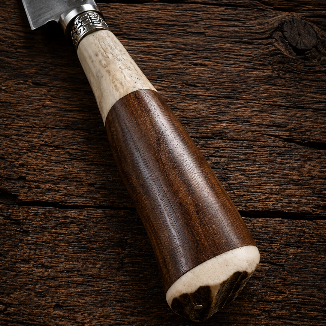 Handcrafted 14cm Molybdenum Vanadium Knife - Guayubira wood & deer antler Handle