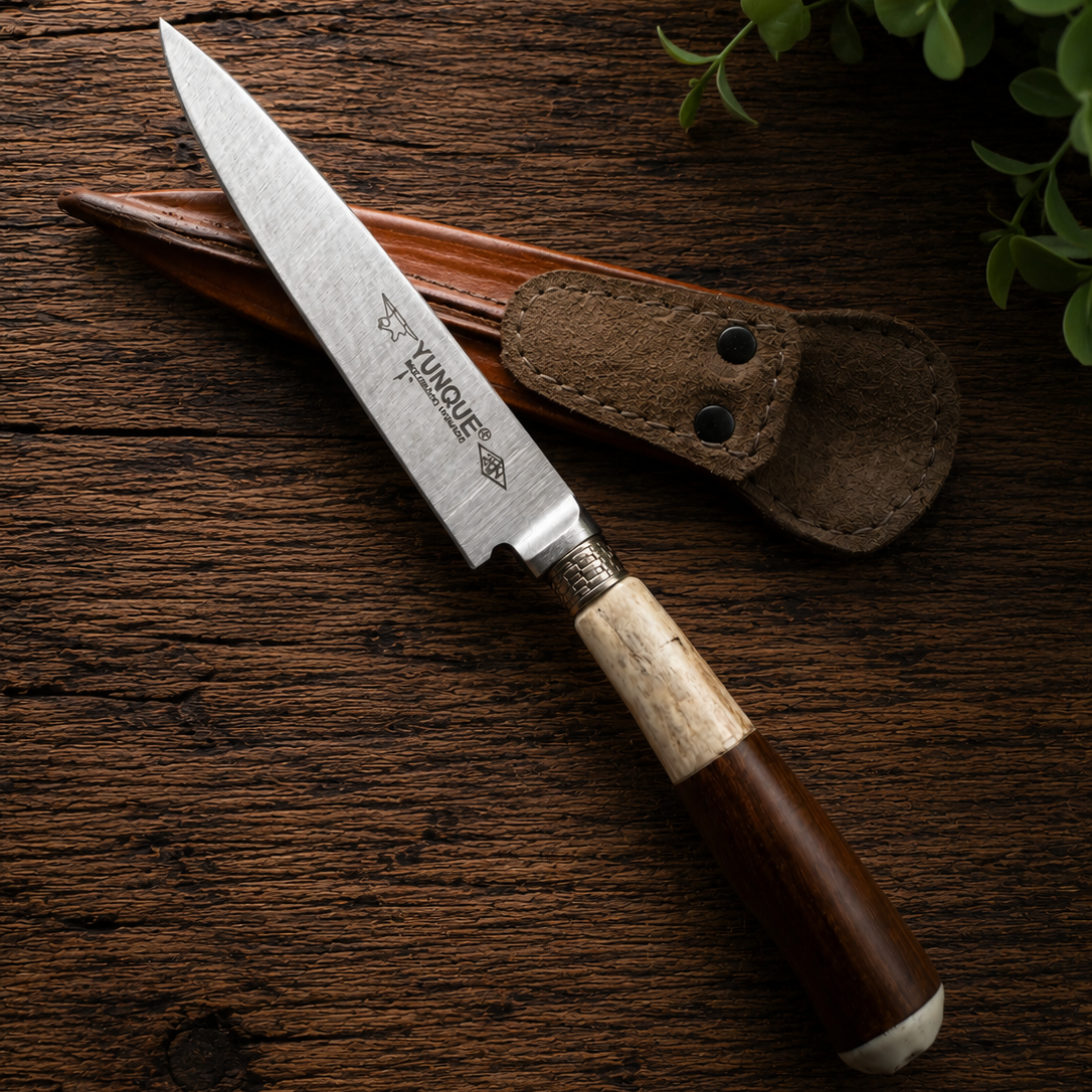 Handcrafted 14cm Molybdenum Vanadium Knife - Guayubira wood & deer antler Handle