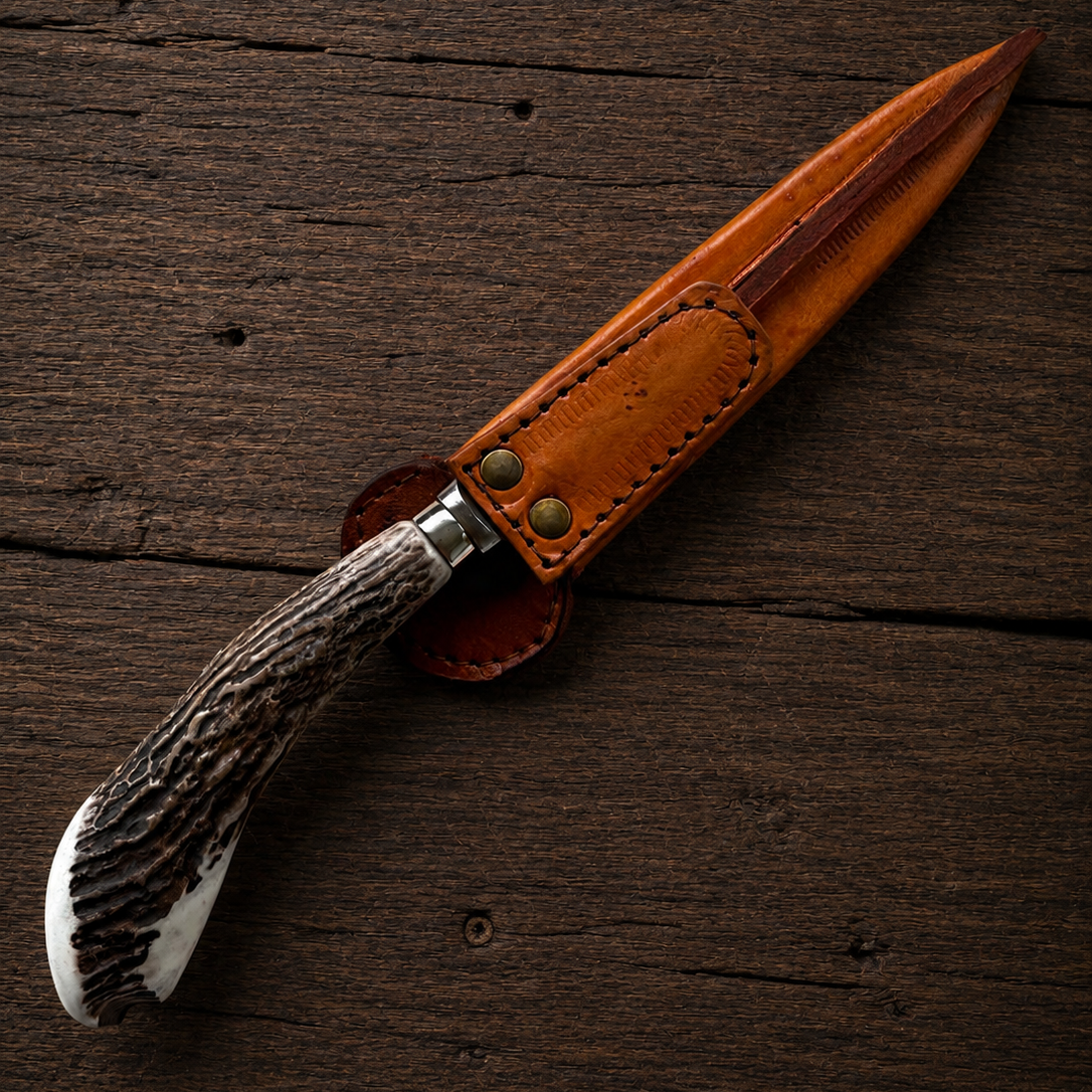 Handcrafted 14cm Molybdenum Vanadium Knife - Natural deer antler Handle