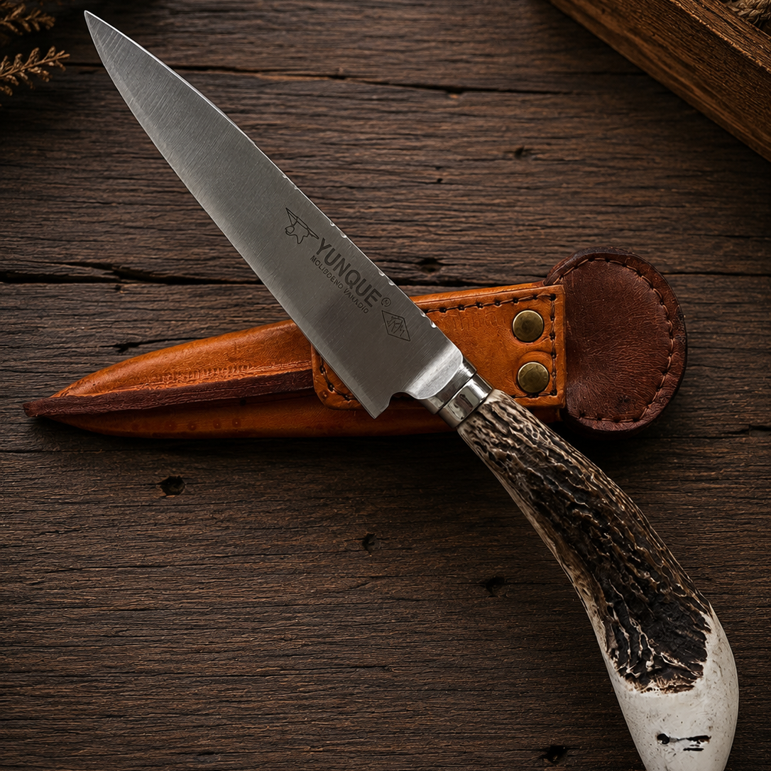 Handcrafted 14cm Molybdenum Vanadium Knife - Natural deer antler Handle